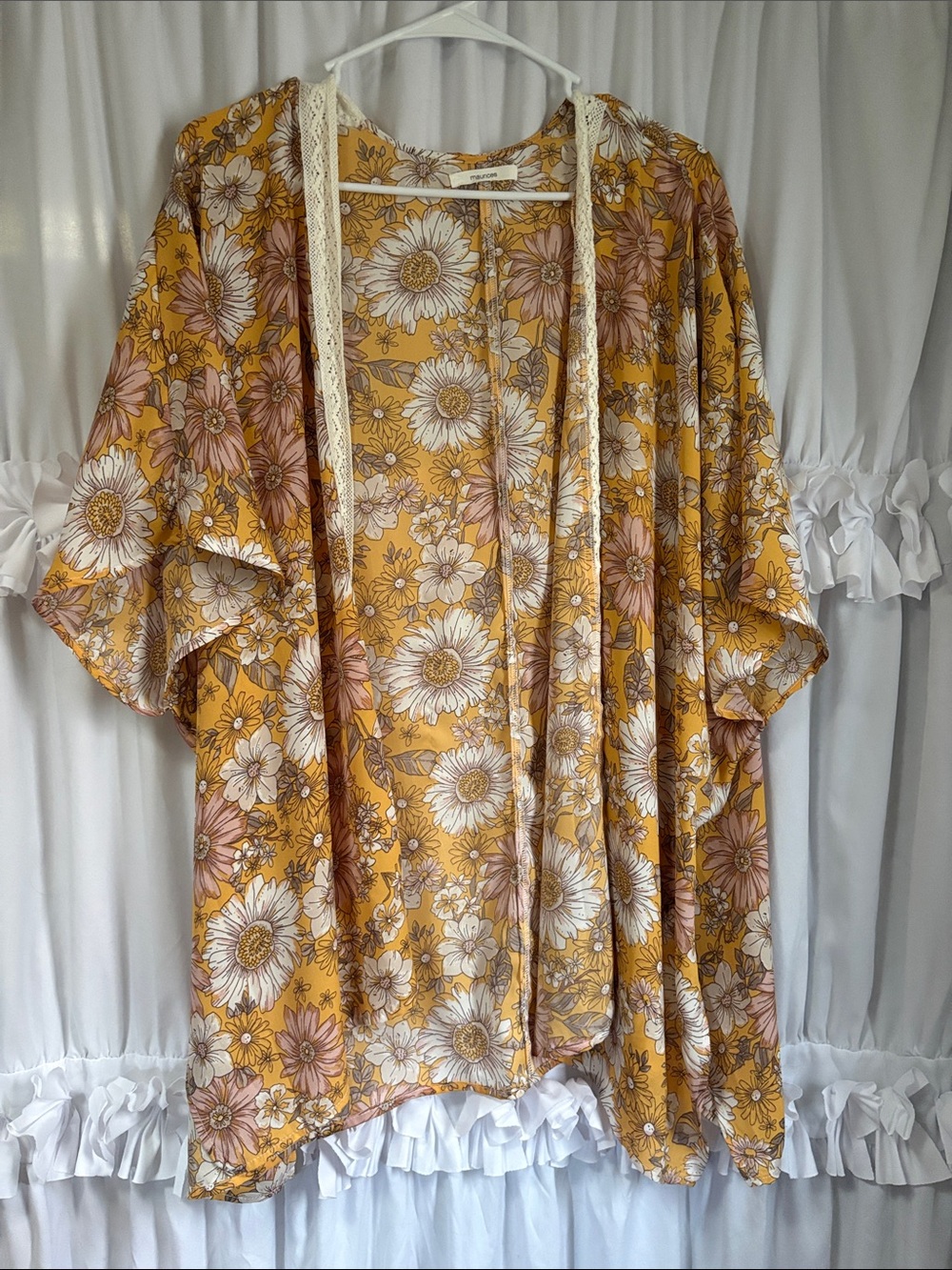 Maurices Mustard Yellow Floral Print Kimono Top